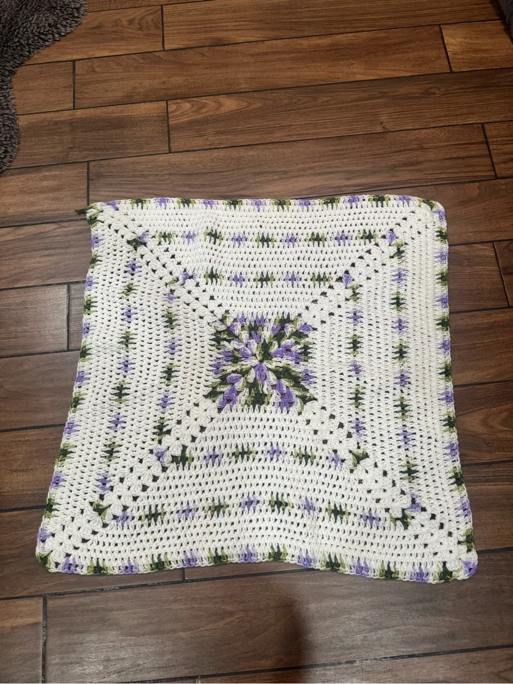 Crochet Square Blanket - White with Lavender & Green Accents 31